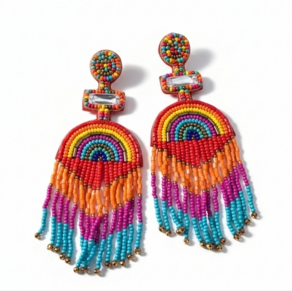 Jewelry - Colorful Seed Beaded Fringe Earrings Rainbow Boho Festival New